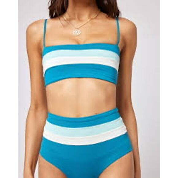 L*Space Rebel Stripe Blue Square Neck Bikini Swimsuit Top Size XS